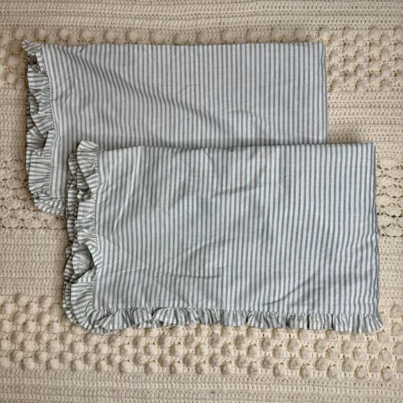 LAURA ASHLEY Cotton European Pillow Case Sham Gray White Ticking Stripe Ruffle - Picture 10 of 12